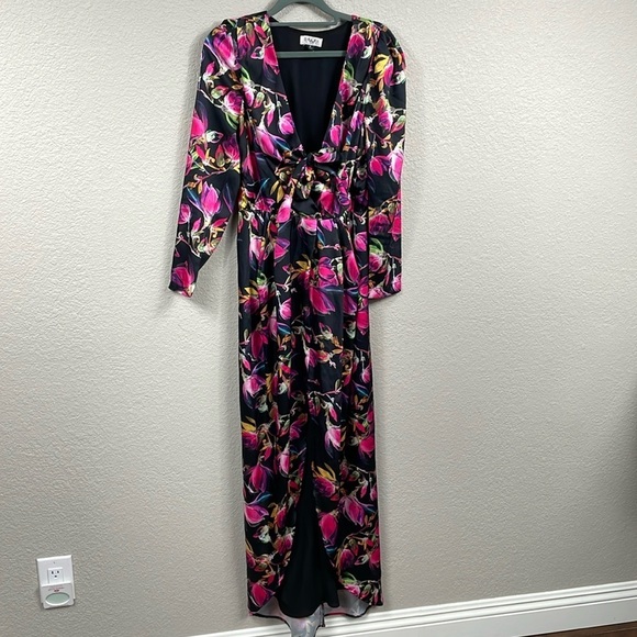 Delfi Collective Lindsay Floral Midi Dress Gown Knot Front Cut Out Slit Sz S - Picture 2 of 13